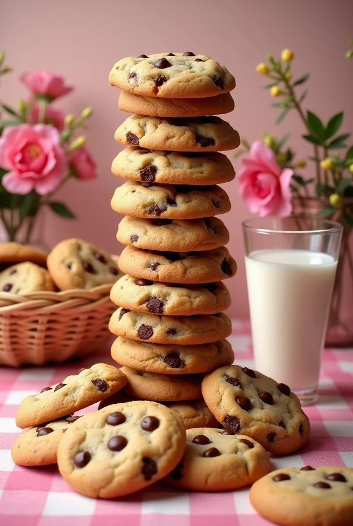chubby chocolate chip cookies ,in a column, and some cookies around it, With more details, Characteristics, Crispy, golden brown, a glass of milk a pink checkered tablecloth a basket full of cookies some flowers