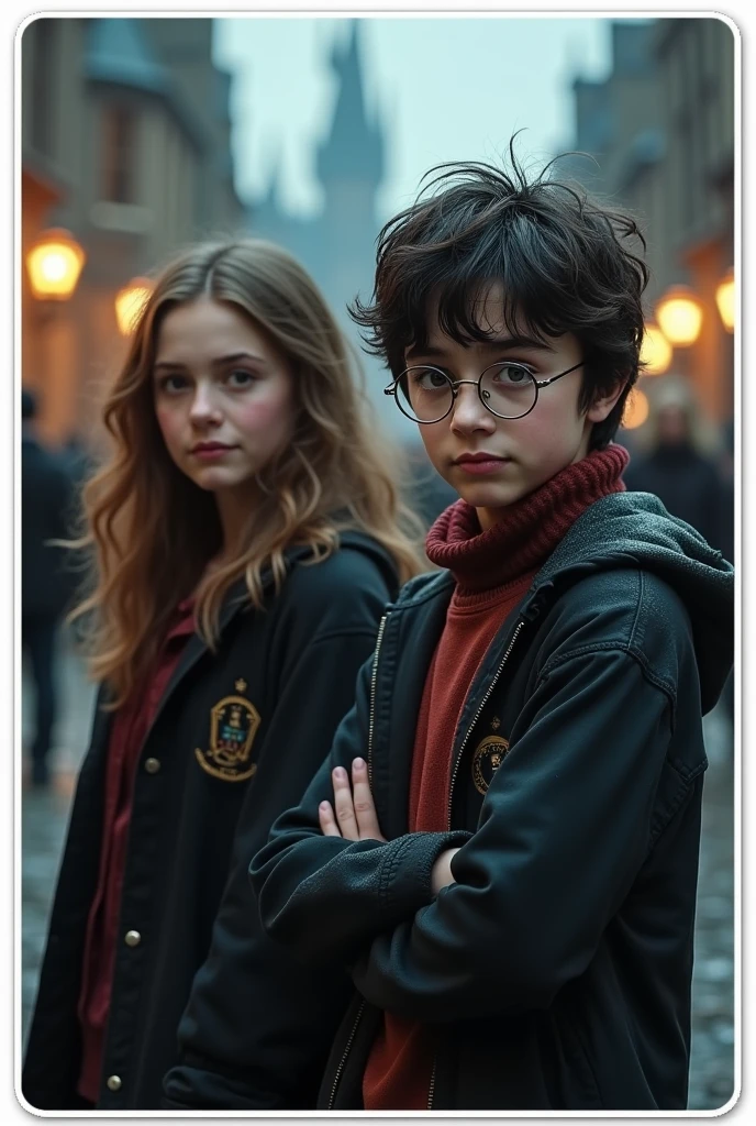 Create a sticker with white borders of a scene from the Harry Potter movie where 2 characters appear, younger boy and older girl. in high resolution with a blurred background, cinema image and hyperrealism.