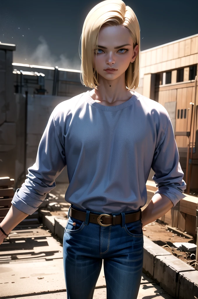 A male android, 1 boy, android 17, alone, black hair, blue eyes, short hair, mountain, arms crossed, belt, denim skirt, (white long sleeve:1.3), jewelry, looking at viewer, standing, shirt, blue jeans, collarbones, black shirt, denim, striped sleeves, (best quality,4k,8k,highres,masterpiece:1.2),ultra-detailed,(realistic,photorealistic,photo-realistic:1.37),sci-fi,dramatic lighting,cinematic,highly detailed,striking pose,moody,atmospheric