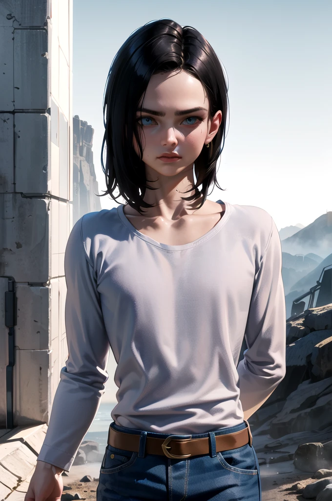 A male android, 1 boy, android 17, alone, black hair, blue eyes, short hair, mountain, arms crossed, belt, denim skirt, (white long sleeve:1.3), jewelry, looking at viewer, standing, shirt, blue jeans, collarbones, black shirt, denim, striped sleeves, (best quality,4k,8k,highres,masterpiece:1.2),ultra-detailed,(realistic,photorealistic,photo-realistic:1.37),sci-fi,dramatic lighting,cinematic,highly detailed,striking pose,moody,atmospheric