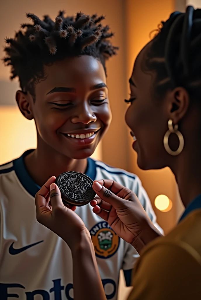 1 teenage black boy in soccer uniform, receiving Oreo cookie from mother, detailed facial features, warm lighting, vibrant colors, photorealistic, 8k, hyper detailed, masterpiece, cinematic composition, dramatic lighting, emotive expression, dynamic pose, cozy domestic setting, soft focus background
