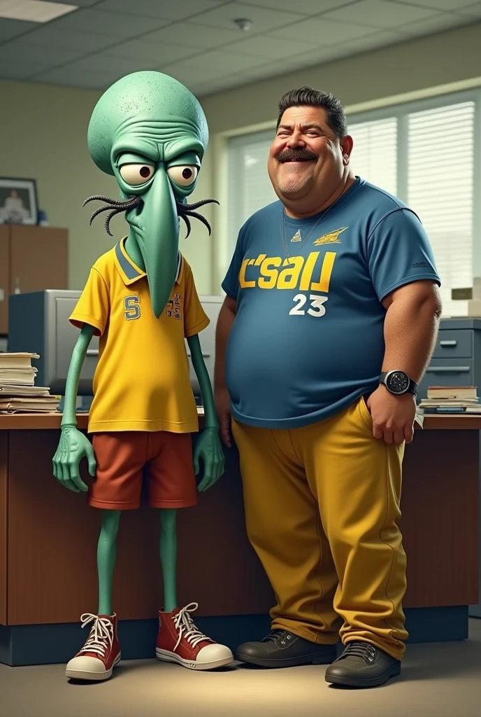 you can draw squidward, next to Capulina(Gaspar Henaine Mexican comedian) (a fat man with a mustache and no beard), with a sports shirt, yellow and denim pants, in a office, realistically