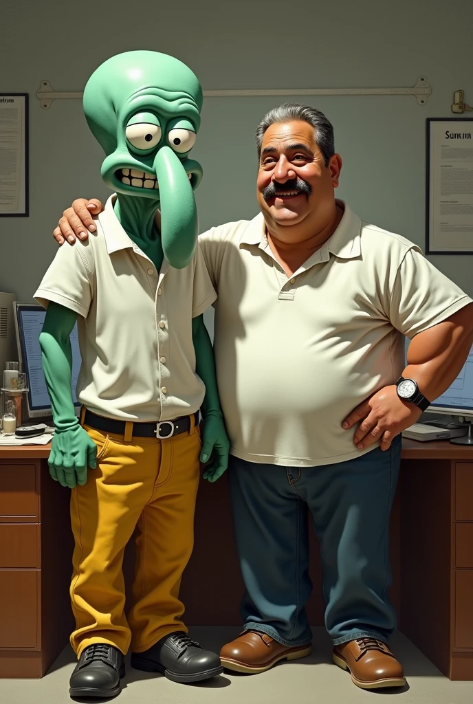 you can draw squidward, next to Capulina(Gaspar Henaine Mexican comedian) (a fat man with a mustache and no beard), with a sports shirt, yellow and denim pants, in a office, realistically