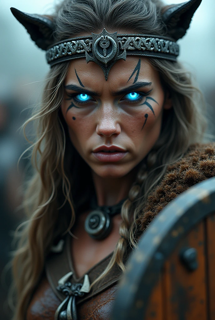 Close up face beautiful viking woman, wooden shield in hand , strong blue light in the eyes, wolf crown , tribal design on the eyes, Angry, bone ornaments on the neck, leather armor, focused