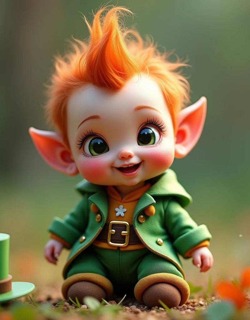 Leprechaun as a cute baby, very big eyes. hyper realistic detailed, Ultra realist, 8k, Fashion Photography, Cinematic Lighting, Leica M10-P Safari Edition, Nikkor 60mm, Micro AF-S f/2.8, full body shot, Soft Light Pastels, by TJ Drysdale
