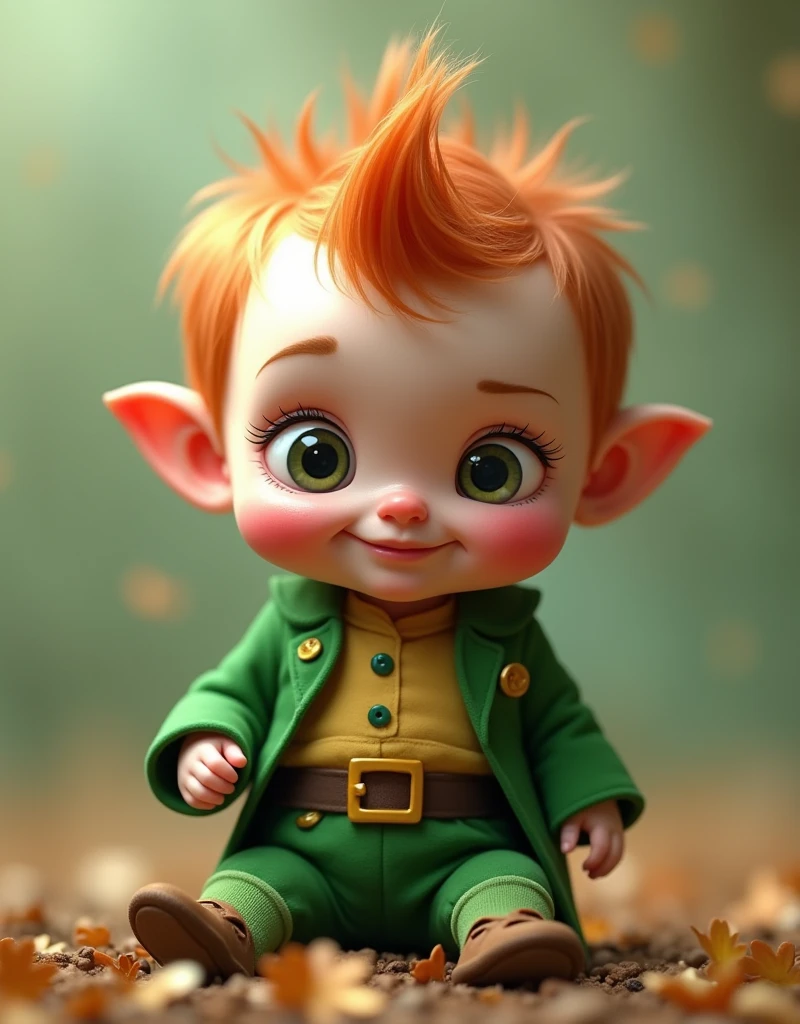 Leprechaun as a cute baby, very big eyes. hyper realistic detailed, Ultra realist, 8k, Fashion Photography, Cinematic Lighting, Leica M10-P Safari Edition, Nikkor 60mm, Micro AF-S f/2.8, full body shot, Soft Light Pastels, by TJ Drysdale