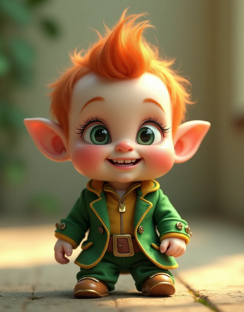 Leprechaun as a cute baby, very big eyes. hyper realistic detailed, Ultra realist, 8k, Fashion Photography, Cinematic Lighting, Leica M10-P Safari Edition, Nikkor 60mm, Micro AF-S f/2.8, full body shot, Soft Light Pastels, by TJ Drysdale