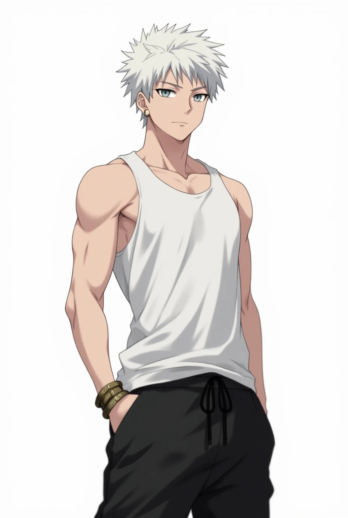 Male character of "tensei shitara slime datta ken", with white hair, gray eyes and a small earring. wears a white tank top and black baggy pants.
Full-body image.
white background image.
he wears an accessory on his arm.