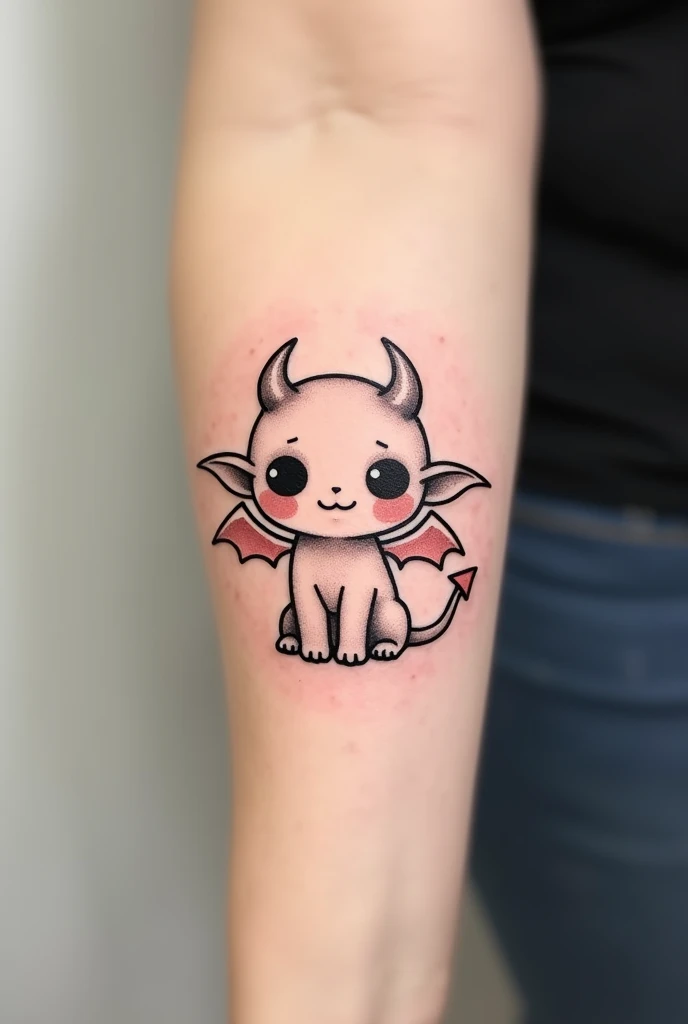 **Description détaillée pour le tatouage :**
- **Silhouette** : Un démon stylisé dans un style enfantin, avec des traits simples et amicaux. Le démon a des cornes douces et légèrement courbées, un visage expressif mais non menaçant, et des petites ailes. Il est représenté dans une posture simple, assis ou debout, avec des traits adorables comme de grands yeux ronds et un sourire subtil.
- **Style** : Minimaliste avec des lignes fines pour les contours du démon. Aucune zone remplie, ni ombrage ni dégradé, ce qui donne un effet léger et épuré. Le design est doux et simple, évitant toute agressivité tout en restant expressif.
- **Taille** : Adapté pour l'avant-bras, de taille modérée pour conserver un équilibre entre discrétion et détails reconnaissables. Le tatouage est suffisamment petit pour être délicat mais assez grand pour que les détails enfantins soient visibles.
- **Couleurs** : Exclusivement en noir, sans couleurs vives ni remplissage. Le dessin reste sobre avec une approche minimaliste, mettant en valeur les traits simples du démon dans un style charmant et non menaçant.
Ce tatouage devrait offrir une interprétation amusante et douce d'un démon, parfaitement adapté à un design minimaliste sur l'avant-bras.