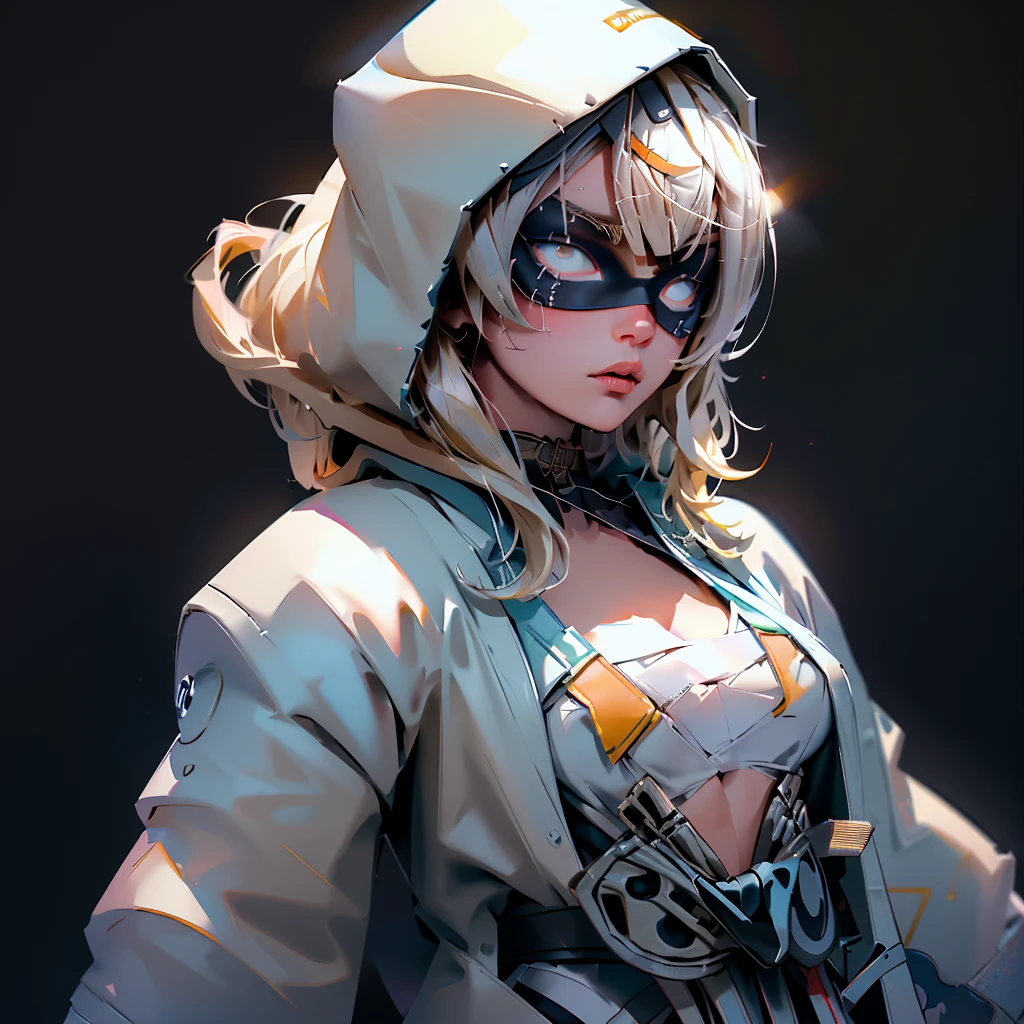 envision a 8k, highres, cinematic, beautiful close up portrait of a ninja girl with pretty features posing with a katana with blonde hair, a white camisole, black jacket with hood up with light armor plates, katana's on her back, ((black eye mask with white eyes)), in dark lighting, against a dark gray background