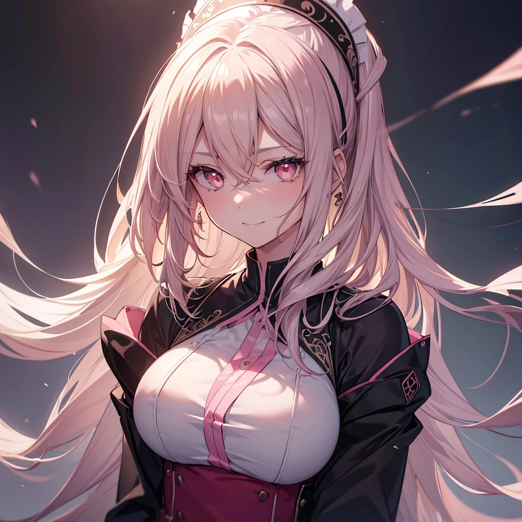 a beautiful detailed portrait of a shoulder length hair nurse aide, with no hat, large breasts, in an anime style, high resolution, photorealistic, dramatic chiaroscuro lighting, intricate details, piercing gaze, ominous aura, beautiful brown eyes, sharp facial features, strong presence, pink eyes, smile, Background White,