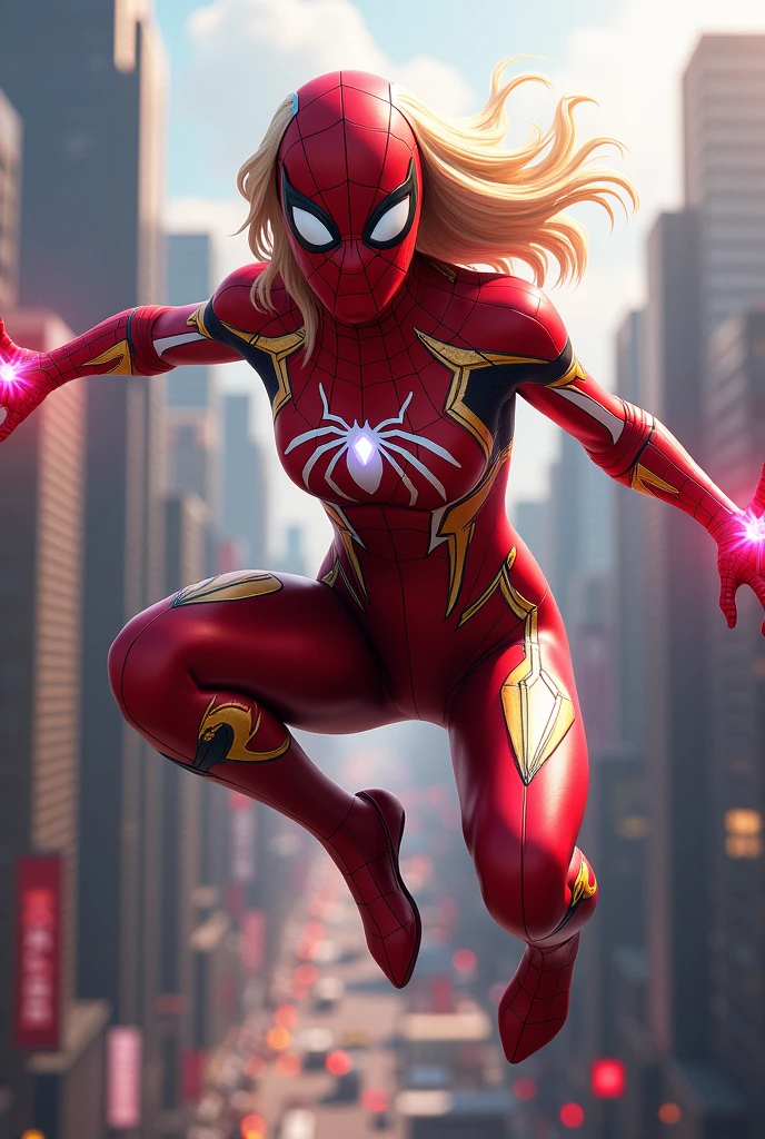 Spider Gwen in red Iron Man suit