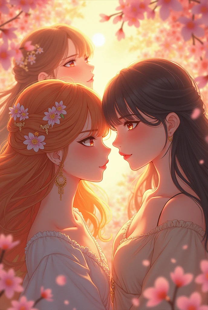 Anime art style, breathtaking masterpiece featuring a group of ethereal women, each radiating warmth and charm, rich auburn and golden hair cascading like waterfalls, expressive large eyes shimmering with vibrant colors, intricate accessories reflecting the characters' personalities, various elegant outfits adorned with nuanced patterns and soft textures, delicate poses showcasing individuality and grace, dynamic composition drawing the viewer's eye around the scene, surrounded by a lush, animated landscape filled with blooming cherry blossoms and rays of golden sunlight filtering through the trees, emotion-filled atmosphere enriched with gentle breezes, light softening resolute features, serene smiles that capture the essence of joy and harmony, anime-inspired character design emphasizing fluidity and movement, every detail masterfully crafted with high contrast tones, vibrant warm color palette of radiant pinks, oranges, and yellows, infusing the scene with life and energy, skillful brushwork emulating hand-drawn animation techniques, layered backgrounds enhancing depth while keeping focus on the enchanting characters, elongated proportions and meticulous expressions typical of classic anime artistry which fully engage viewers, an inviting realm where fantasy and reality seamlessly intertwine