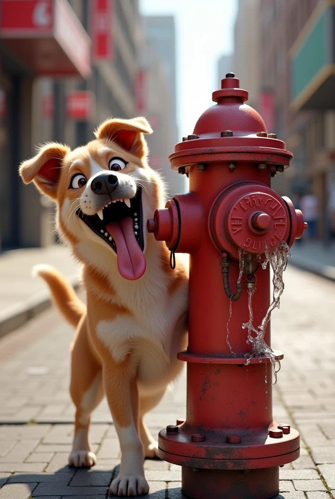 Dog smiling while urinating on a fire hydrant