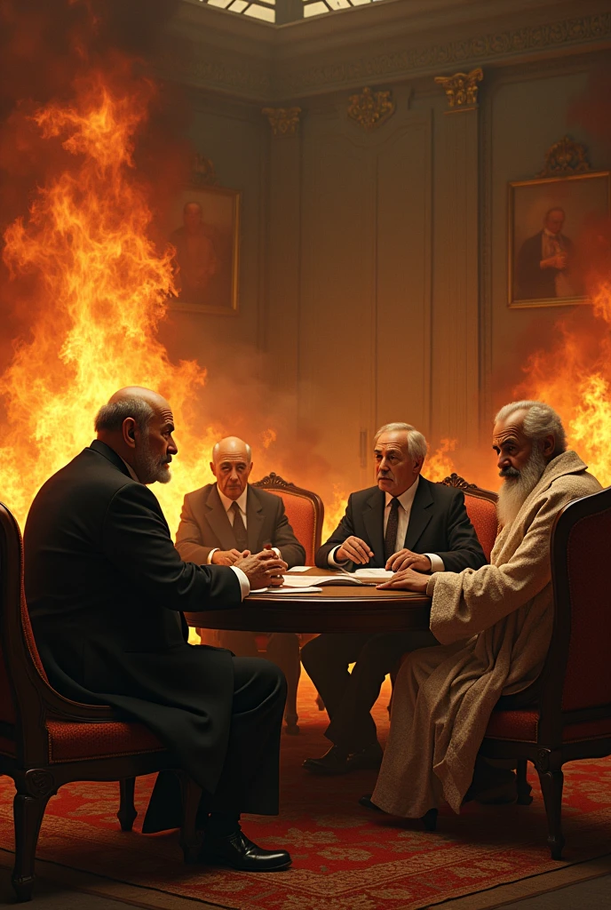 An image of Emilio Durkheim, Max Weber, Erving Goffman y Karl Marx. In a fancy meeting room that is burning down with them inside suffering 