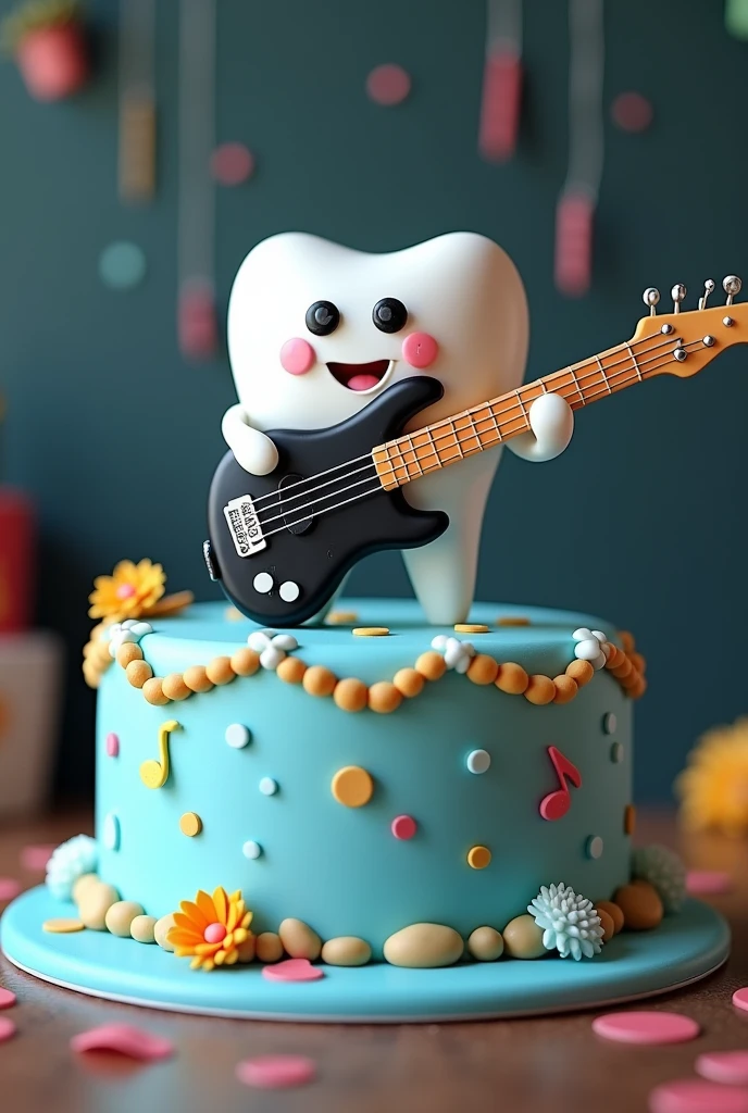 A cake with the name "Grover" with light blue cream and on top a molar that is playing a black electric bass with 5 strings, with a stage background