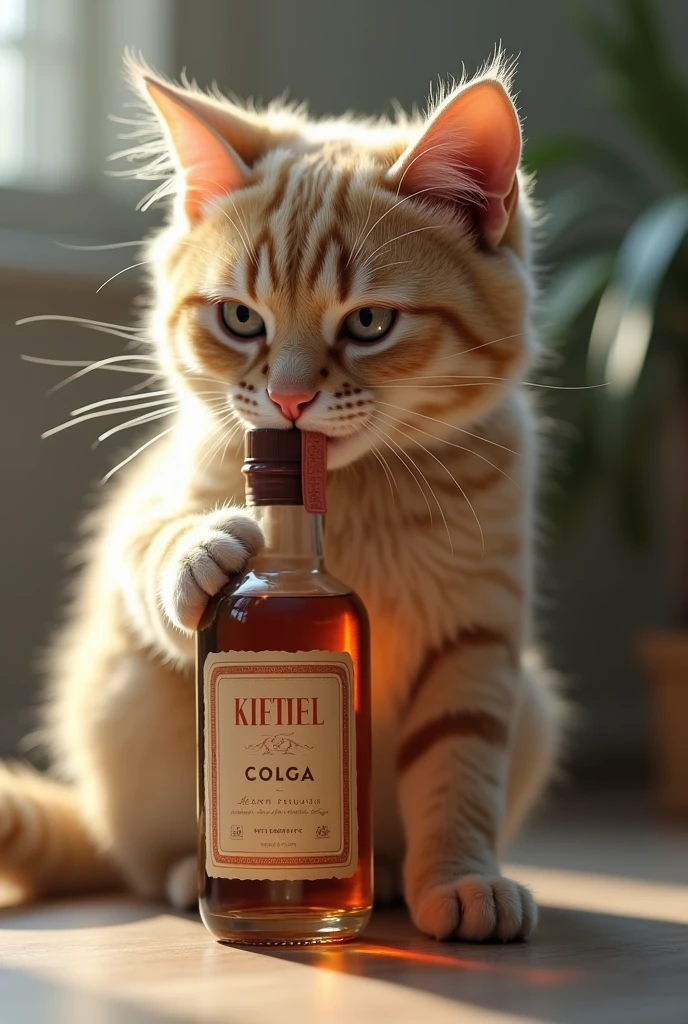 Realistic cat with bottle of alcohol