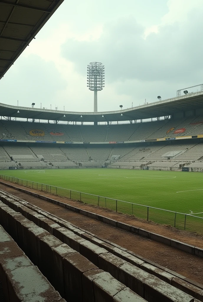 Create a realistic image of an old football stadium, typical of the 1950s to 1970s. The stadium must have stands built in raw concrete, unfinished, with single rows of seats, made of aged wood, some with signs of wear and others even broken, reflecting the passage of time. As arquibancadas, completely empty, are long and stretch around the entire field, without the modern divisions of sectors.
The football field is made of natural grass, but with worn areas, where the earth appears, mainly in the vicinity of large areas. The white markings on the field are faded, with not perfectly straight lines, suggesting that they were hand painted, as was common at the time.
The lighting towers are made of metal, with large circular reflectors, and are positioned in the four corners of the stadium, casting long shadows over the field. Around the lawn, there is a dirt athletics track, another common feature of ancient stadiums. On the edges of the field, low, rusty iron fences delimit the play area, while some old advertising signs, with brand logos like Philips or Martini, can be seen, but with faded colors and faded letters.
The sky is cloudy, with gray clouds covering much of the blue, and the lighting is soft, without direct sunlight, creating an atmosphere of melancholy and nostalgia. The image conveys the feeling of a stadium that has already experienced great moments, but now it is silent, Void, waiting for the next event that may never come.