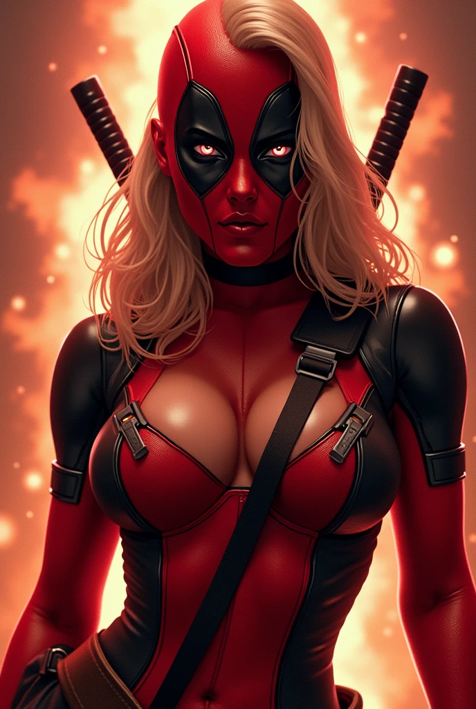 Nipple-to-nipple, nsfw Deadpool female, without mask beautiful face, thick thighs thick chest beautiful edgy sexy and hot face showing a bit of skin for a subtle touch of sexiness. highlighting her figure, adding an intense and dramatic effect. His face should be unmasked, with intense eyes glowing with power, giving him a mysterious and edgy look. Surround him with swirling energy The overall tone should be intense and dynamic, with a focus on power and sex appeal, but without crossing into overtly suggestive content