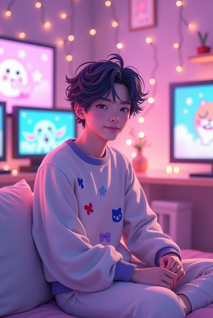Whimsical anime-style scene, charming man character, soft features, playful expression, vivid purple and pink color palette creating a cozy ambiance, seated in an engaging VTuber studio background, plush cushions and delicate fairy lights twinkling softly, inviting atmosphere filled with warmth, gentle gradients blending hues of lavender and blush across the background, intricate details in character’s outfit, loose-fitting sweater adorned with cartoon motifs, tousled hair reflecting the pastel color scheme, playfully styled with highlights of magenta, surrounded by an array of digital monitors displaying cheerful animations, cozy atmosphere reminiscent of popular VTuber setups, soft reflections in the background enhancing the immersive feel, dynamic composition embracing a sense of liveliness and interaction, inviting the viewers to feel at home in this digital paradise, overall atmosphere radiating friendliness and comfort, anime art style embracing cute aesthetics with bright, cheerful expressions and vibrant backgrounds, cel-shaded technique highlighting character features with clean edges and smooth gradients, inviting design that perfectly encapsulates the warm, endearing essence of modern anime culture.
