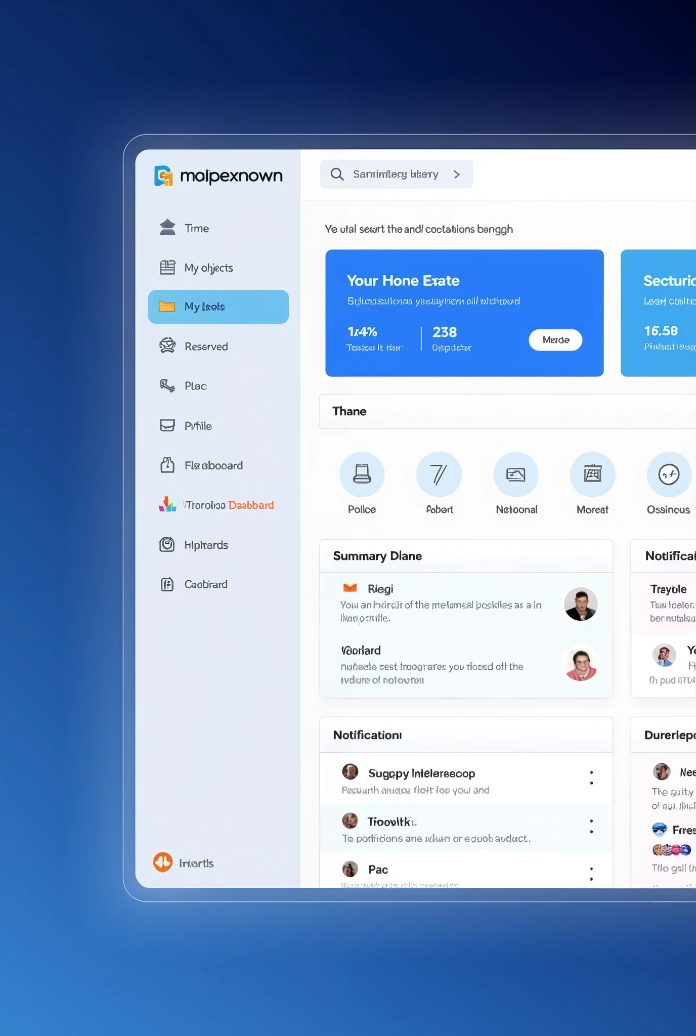 The user dashboard has a black or dark blue background, with a centralized panel in white or very light blue. The top of the panel displays the platform logo or name in blue (#3498db). down, there is an area with navigation icons for “My Objects”, “Reservations” and “Profile”. Each icon is represented by a simple blue or black image on a white background.. The dashboard also shows notifications of new orders or messages in a highlighted area with a light blue background. (#3498db) and white text. The main sections of the dashboard are presented in card or list format., with summary data and action buttons in light blue (#3498db).