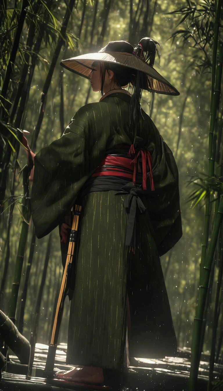 (mejor quality,4k,8k,High resolution,masterpiece:1.2),ultra detailed,sharp focus,(realist,photorealist,photo-realist:1.37), mejor quality, High resolution, ultra detailed, realist, HdR, moody, Dark, bamboo hat, detailed raindrop effect, bamboo forest, moonlight night, black kimono with bright red stripes, Shiny katana, epic scene, quality\(8k,extremely detailed CG unit wallpaper, ​masterpiece,High resolution,top-quality,top-quality real texture skin,hiperrealist,increase resolution,RAW Photos,la mejor quality,Very detailed,The wallpaper, cinematic lighting,ray trace,golden ratio\), BREAK ,