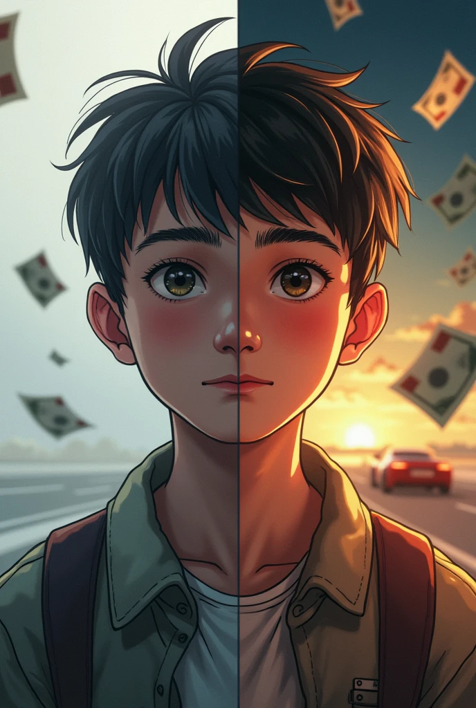a young realist, before sad and projections of torn money and an after with him happy and with projections of money and car, everything realistic