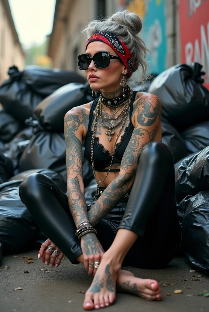 russian milf woman, grey hair (bouffant, top bun) and oversized square sunglasses and wide colourful bandana as headband, with very light green eyes, extremely pale. Big lips. Black lace push up bra, silicone breast,, tight skinny black low rise leather jeans. Barefoot. Lots of thick wide studded bracelets, chain necklaces and big rings,. Two loose studded belts. Long earrings with chains and feathers. Sitting on a pile of huge black plastic bags. Lazy, leaning back, laid back pose, separated legs, hands on crotch. Neck, chest, stomach, feet, hands, arms and wrists heavily tattoed. Toned abdominals, thin neck, slim legs and thin arms. Narrow hips. Full body. At a dead end street with graffitied walls, ground littered with waste . Nuns get close. Some nuns in the backgroung get close. Full body