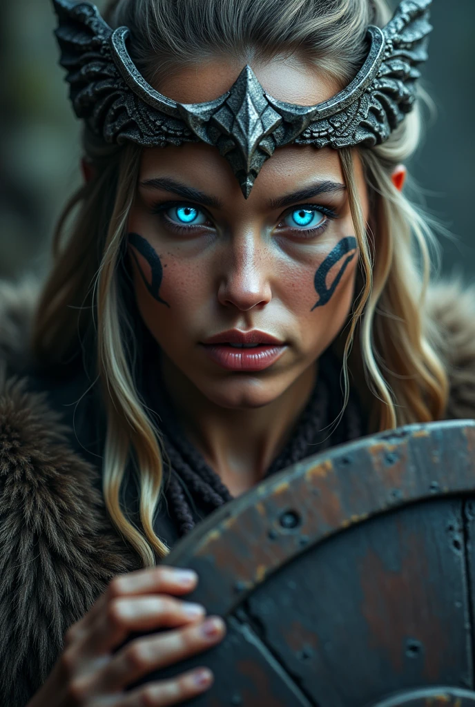 Close up face beautiful viking woman, wooden shield in hand , strong blue light in the eyes, crown of wings , tribal design on the eyes, Angry, bone ornaments on the neck, leather armor, focused