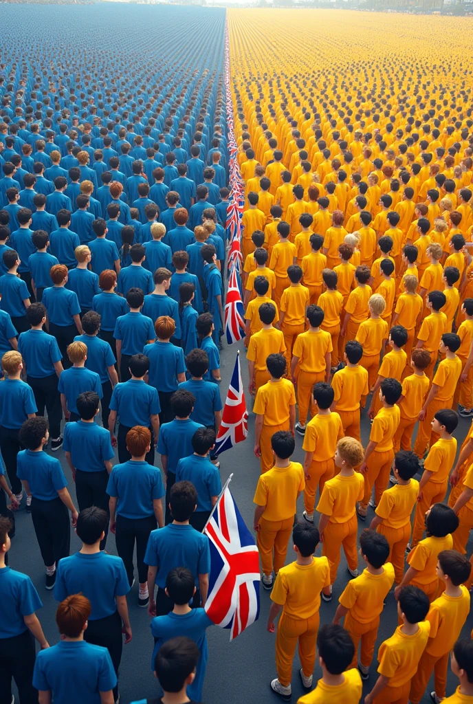 PROCESS WITH 100 PEOPLE DRESSED IN BLUE TOPS AND YELLOW TOPS IN A PROCESS WITH LARGE FLAGS VIEWED FROM ABOVE