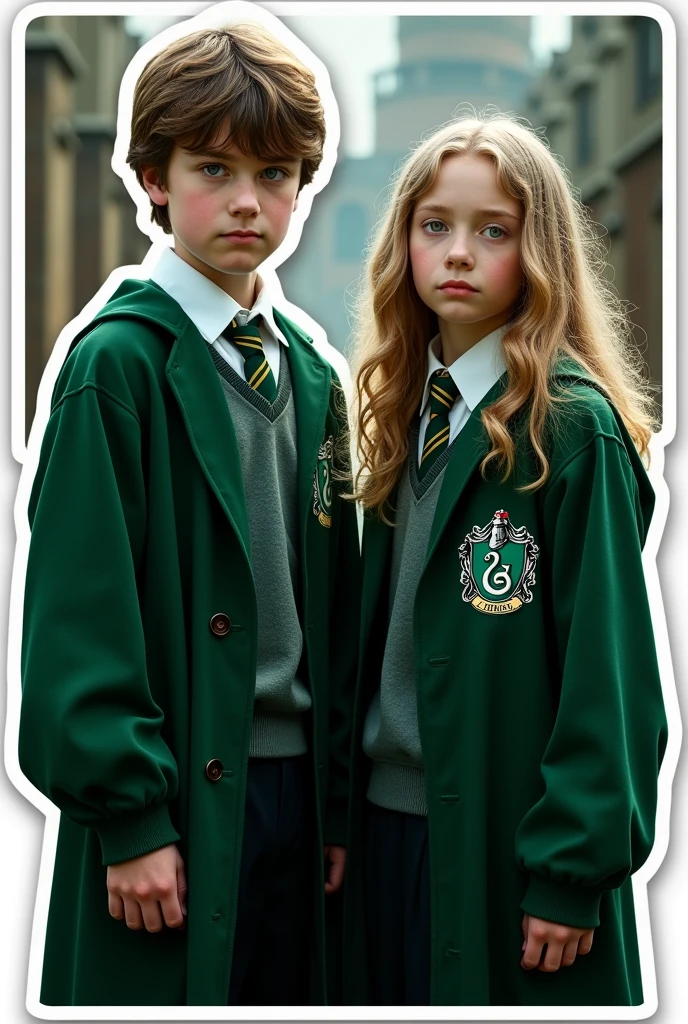 Create a sticker with white borders from a scene from the Harry Potter movie where 2 characters, younger boy and older girl, both in Slytherin uniforms, appear. in high resolution with a blurred background, cinema image and hyperrealism.