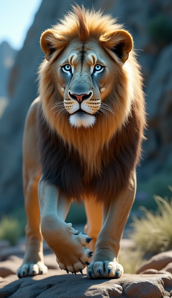 Create an ultra realistic 8k image of a big strong blue-eyed lion 