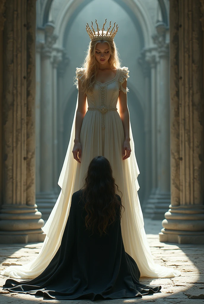 A woman with an angelic face and golden hair, not so long, 20 year, dressed in sansa stark style dark clothes, wearing a crown of bones. At his feet a black-haired woman in the style of Sansa Stark prostrate on her knees begging, they are inside an ancient castle.