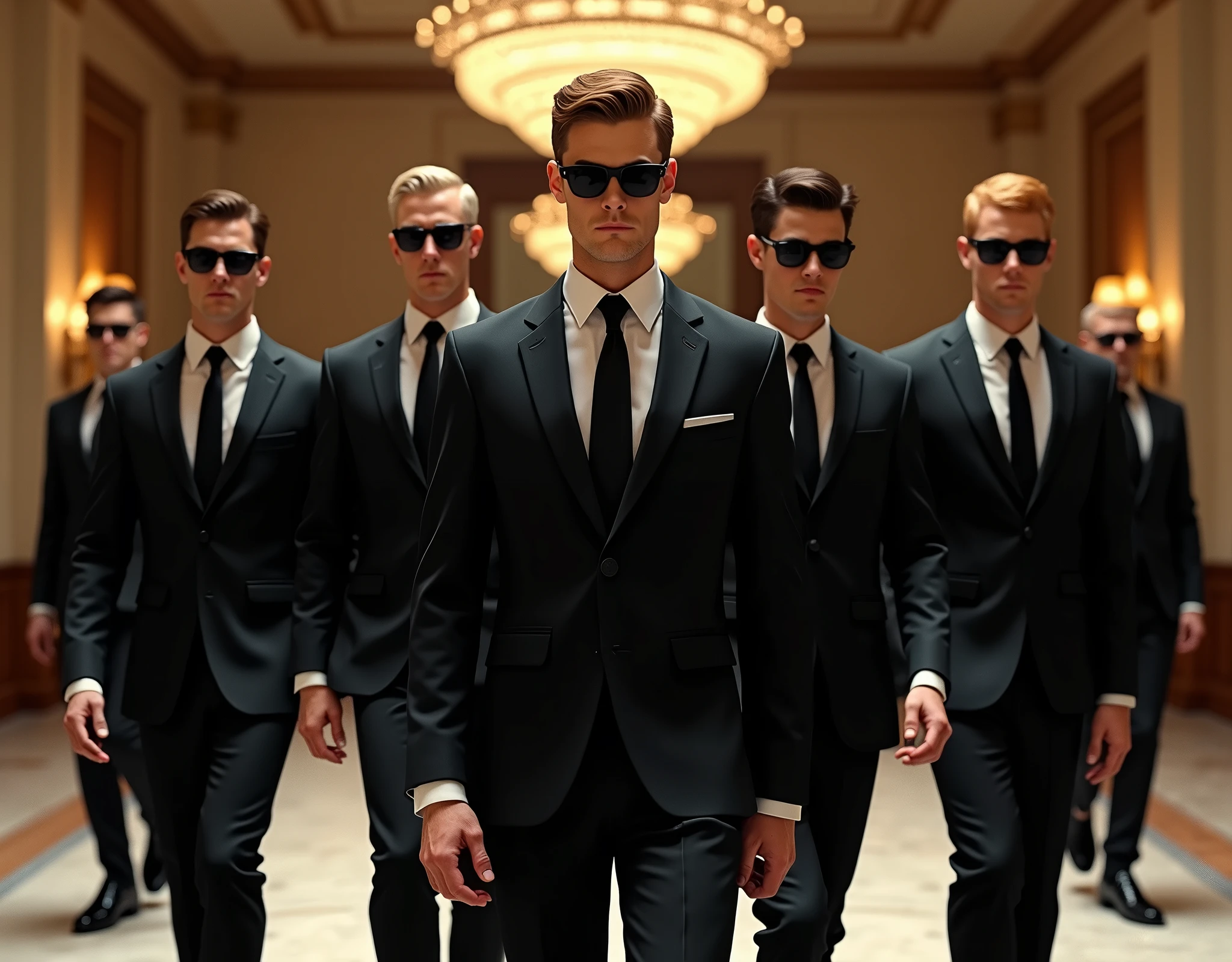 Make an image for a group of male secret service agents with a variety of hair colors, dressed in black formal suits, black dress shoes, and dark sunglasses inside a mansion ballroom