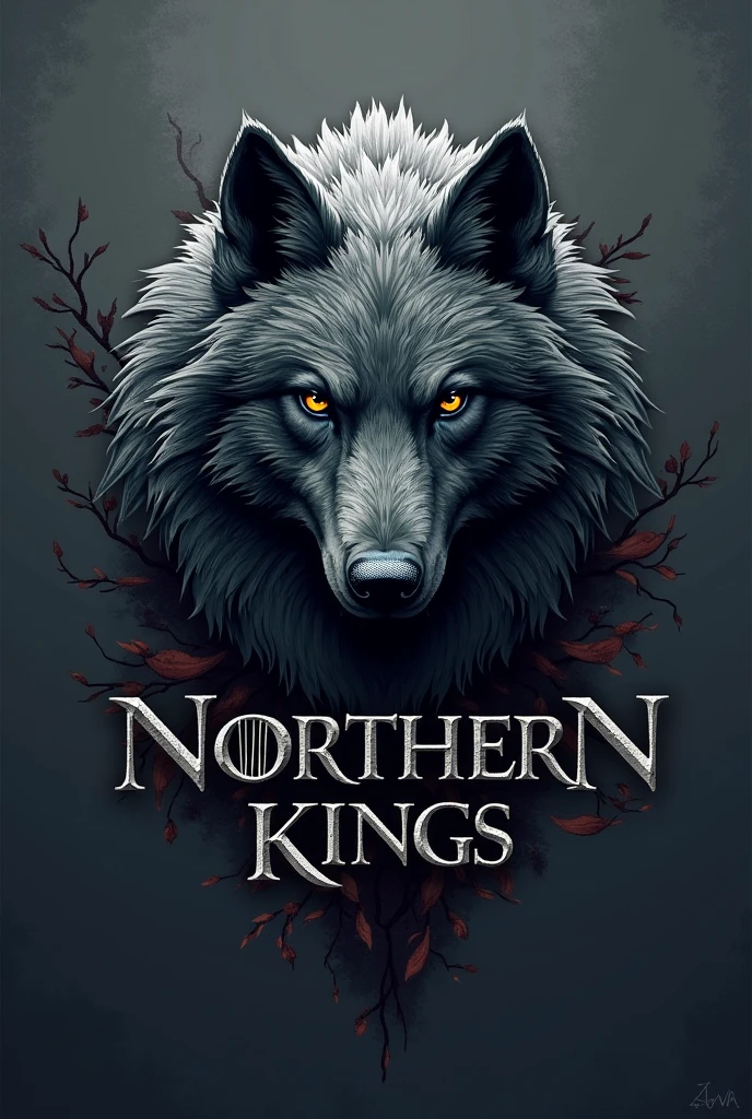 A 2d logo with the name "Northern Kings", Inspired by the direwolf from the Game of Thrones series. Let it be read "Northern Kings"
