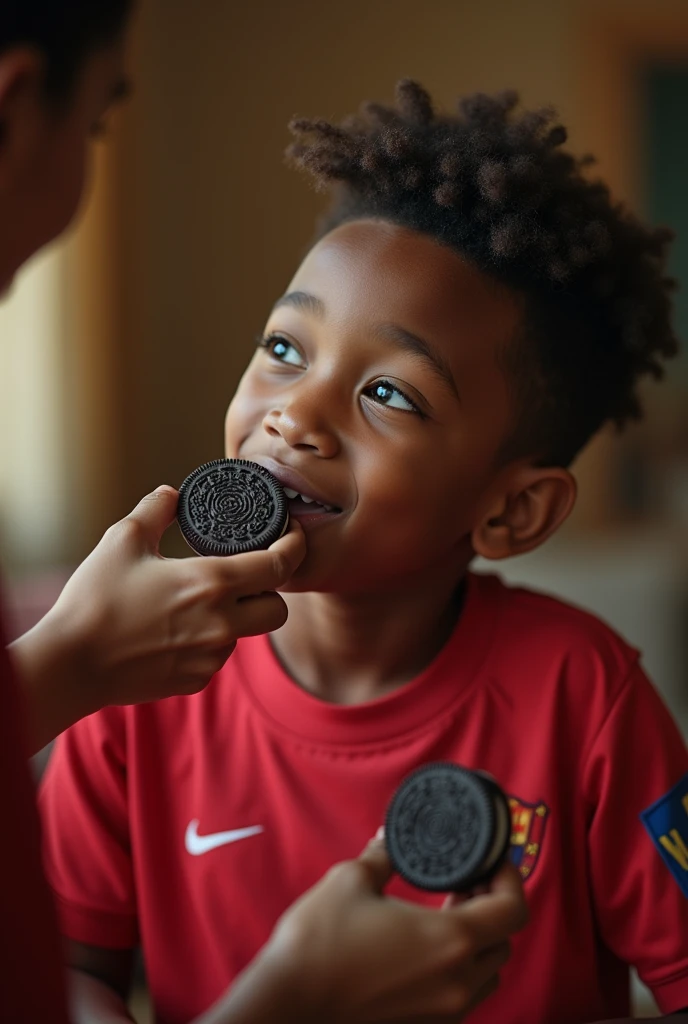 1 age black boy in soccer uniform, receiving Oreo cookie from mother, detailed facial features, warm lighting, vibrant colors, photorealistic, 8k, hyper detailed, masterpiece, cinematic composition, dramatic lighting, emotive expression, dynamic pose, cozy domestic setting, soft focus background full-body photo