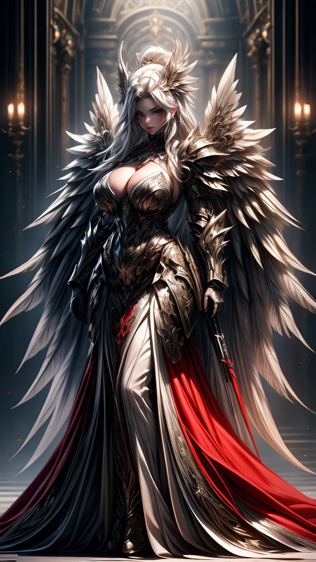 young intricate woman in a battle field with a majestic bow in her hand, beautiful woman, long white hair, white hair, bright silver eyes, , pale white skinned, , focused expression, ready for battle, wearing battle armor, with large white angle wings on her back, wide angle lens f/2.8, ultra insane high resolution intricate textures, texture indentation, perfect perspective, perfect geometry, ultra insane ambient lighting, ultra insane ambient shadows, wearing black and red colored clothes, luminism, ultra detailed busy background, tessellation, maximalism, perfectionism, IPA Award wining masterpiece, curvy figured woman. Full body.