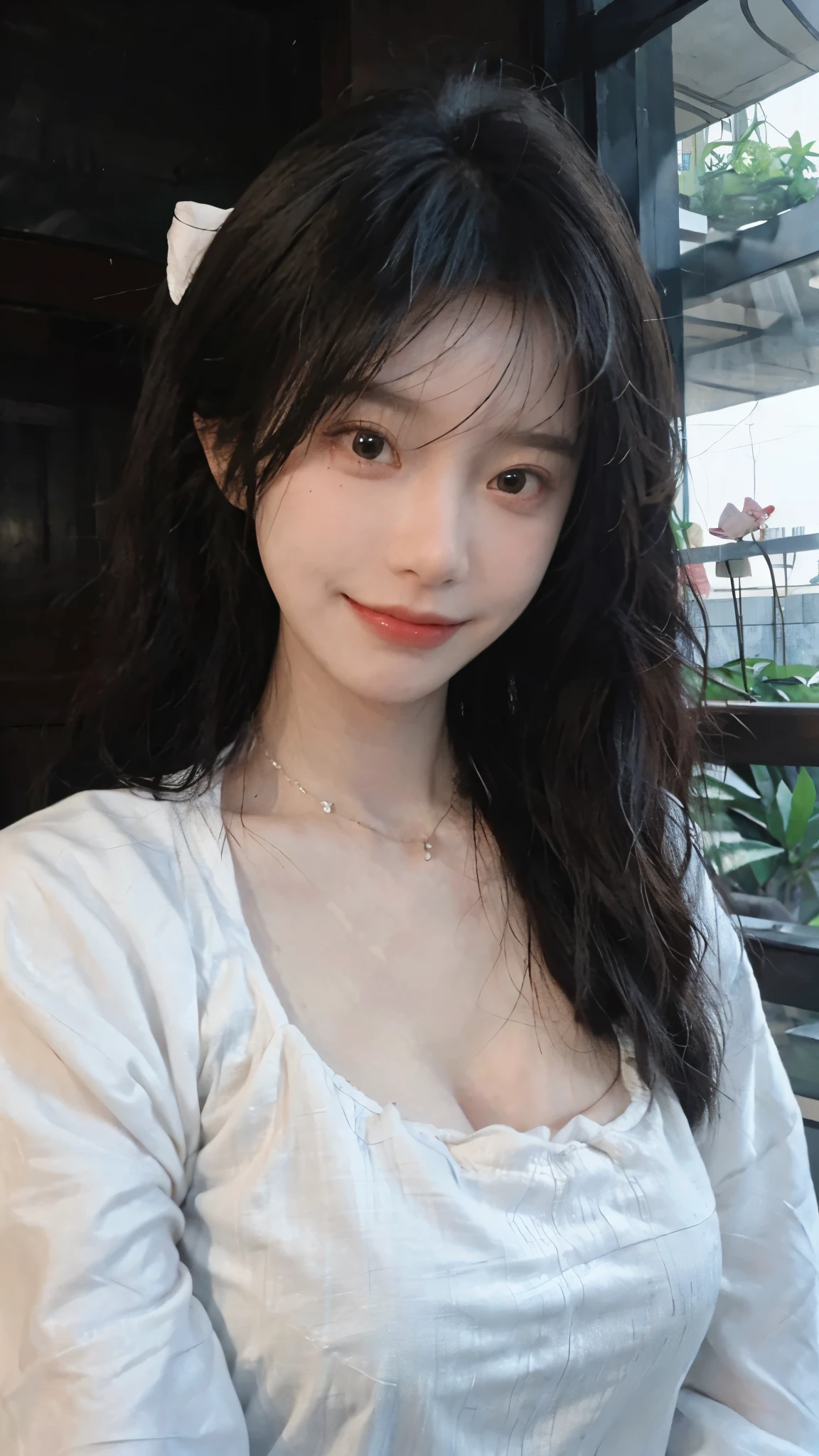 best qualtiy, Ultra-high resolution, (realisticlying:1.4),cute hairpin,Baoyu Girl,European style apartment,(flatchest:1.2) ,A pair of clear and moving peach blossom eyes,Royal Sister,sunshine on face,Big waves,(ln the forest:1.4),(choker necklace:1.2),(Fair skin:1.4),a sense of atmosphere,a beauty girl, ssmile,head straight-looking at viewer, closeup cleavage ,(Photorealistic:1.4),1girll,sexly,(Upper body:1.4),(Wet body),(:1.2)