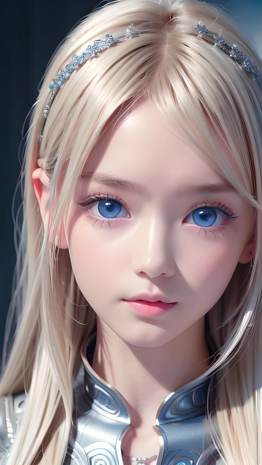 Highest quality、8K masterpiece、Ultra-high resolution、(Realistic:1.3)、RAW Photos、 Scandinavian girl with shiny blonde hair、Silvery blonde hair、Super long straight hair、Bangs between the eyes、Bangs that fall over the eyes、Bangs over one eye、Bangs between the eyes、White and glowing skin、1. Cyberpunk Super Beautiful Soldier、((Ultra-Realistic Details))、Portraiture、Global Illumination、Shadow Realm、Octane Rendering、8k、Ultra Sharp、metals、Cool colors、、Very intricate details、Realistic Light、Trends of the CG Association、Very beautiful big bright blue eyes、Very big eyes、Eyes shining at the camera、Neon Details、Small Face Beauty、Round face、Highlights of cheek luster、eyeliner