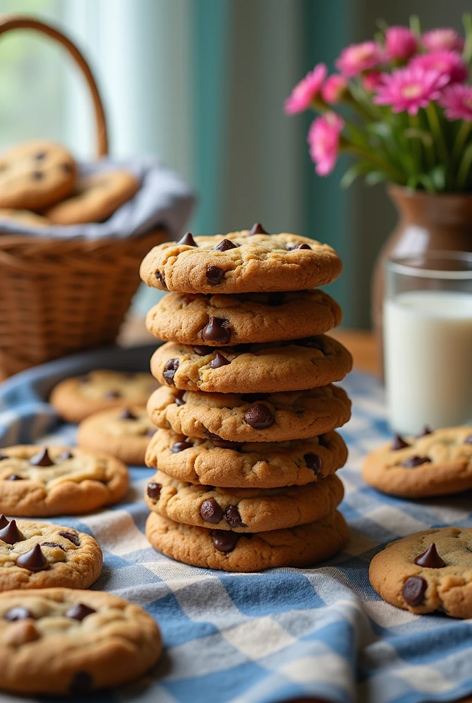 chubby chocolate chip cookies ,in a column, and some cookies around it, With more details, realist, Crispy, golden brown, a glass of milk a blue checked tablecloth, a basket full of cookies some flowers