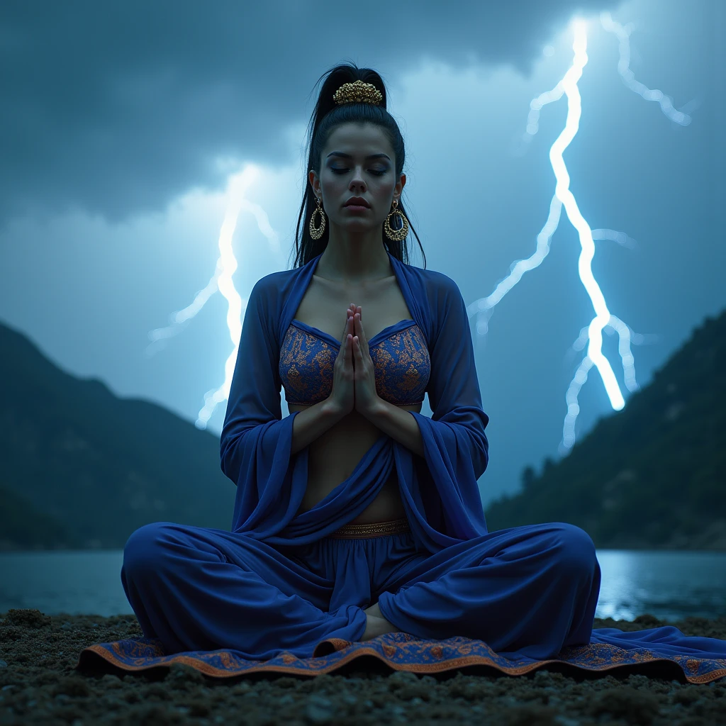 1 nubile Russian woman wearing vivd glossy Jezebel in the bible costume and praying in namaste pose and extreme squatting, 3:4 full frontal body portrait, ((merge and use young faces of Lynda Carter and Rila Fukushima into best 50/50 blend)), (eyes wide open, wide open eyes, blank stare, best detailed face, best lifelike face, best lifelike nose and eyes), Grecian upstyle hairstyle with high standing ponytail, pucker lips, pale snowy colored skin, huge hoop earrings, bodacious, playboy playmate archetype, perfect bikini body, (((massive breasts))), sweaty, show armpits, showing both armpits, cameltoe, underboobs, wearing vivid glossy neon-indigo harem ensemble, mindless facial expression, deeply hypnotized facial expression, deeply entranced facial expression, ((primeval backdrop with Intense lightning strikes and severe thunderstorms towering over misty mountains)), (RAW Photo, 12K, best quality, best masterpiece, hires, best realism, best photorealism, vivid colors and natural outdoor lighting)