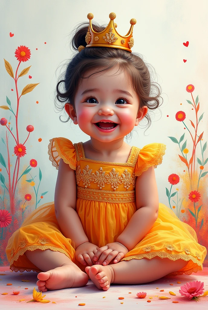 A happy baby girl wearing a Beautiful dress and wearing a crown, You sit on the floor full bady Painted in beautiful colors with 2d drawing with outline