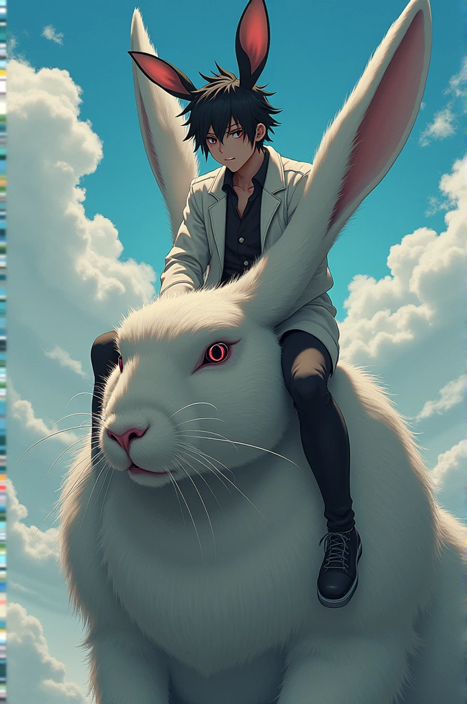 Create a young male, he has black hair that spikes at the ends and is white., one eye is white without a pupil, make it on top of a big, muscular rabbit, the image is anime