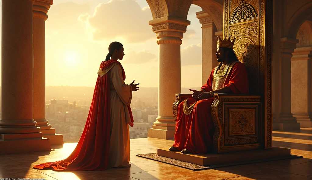 Depict an ancient scene where Ménélik, the son of the Queen of Sheba, meets his father, King Solomon, in Israel. Ménélik is shown as a young man wearing traditional Ethiopian royal attire, richly decorated with gold and vibrant colors. King Solomon, in majestic robes and a crown, sits on a grand throne adorned with intricate carvings and symbols of wisdom. The setting is an opulent palace with tall pillars, ornate decorations, and large windows that offer a view of Jerusalem in the background. The atmosphere should convey a sense of awe, respect, and the deep connection between father and son, with warm sunlight illuminating the scene.