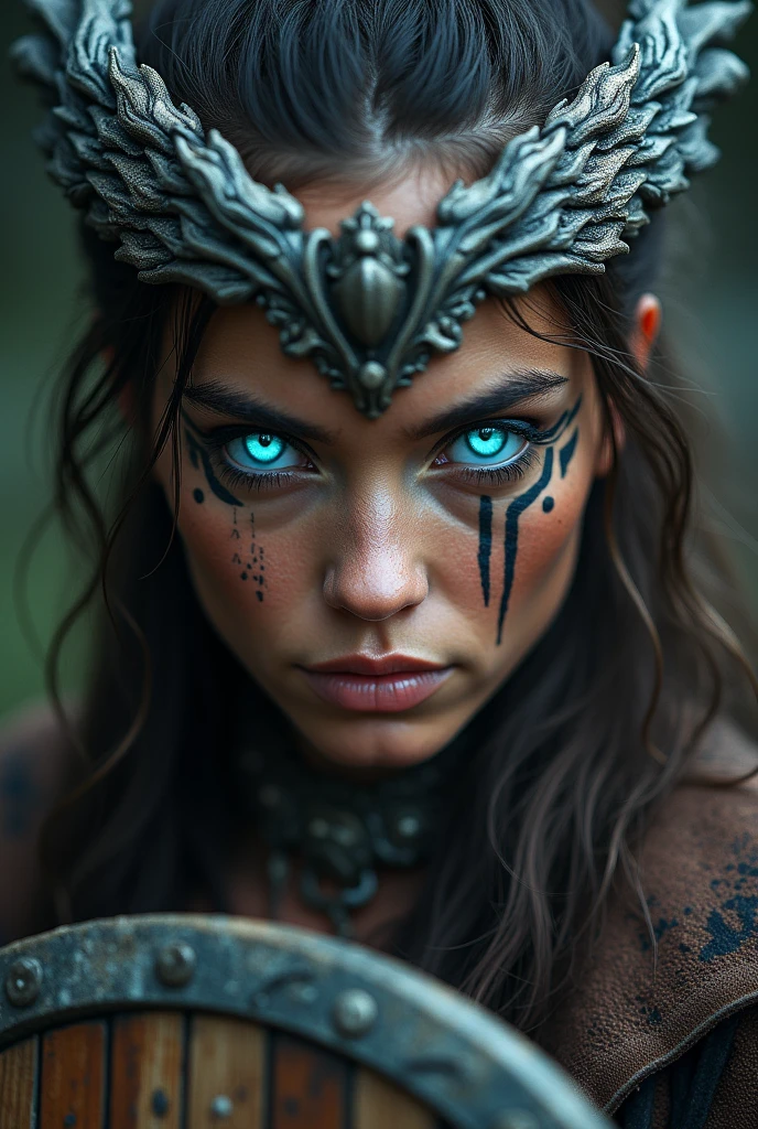 Close up face beautiful viking woman, wooden shield in hand , strong blue light in the eyes, crown of wings , tribal design on the eyes, Angry, bone ornaments on the neck, leather armor, focused
