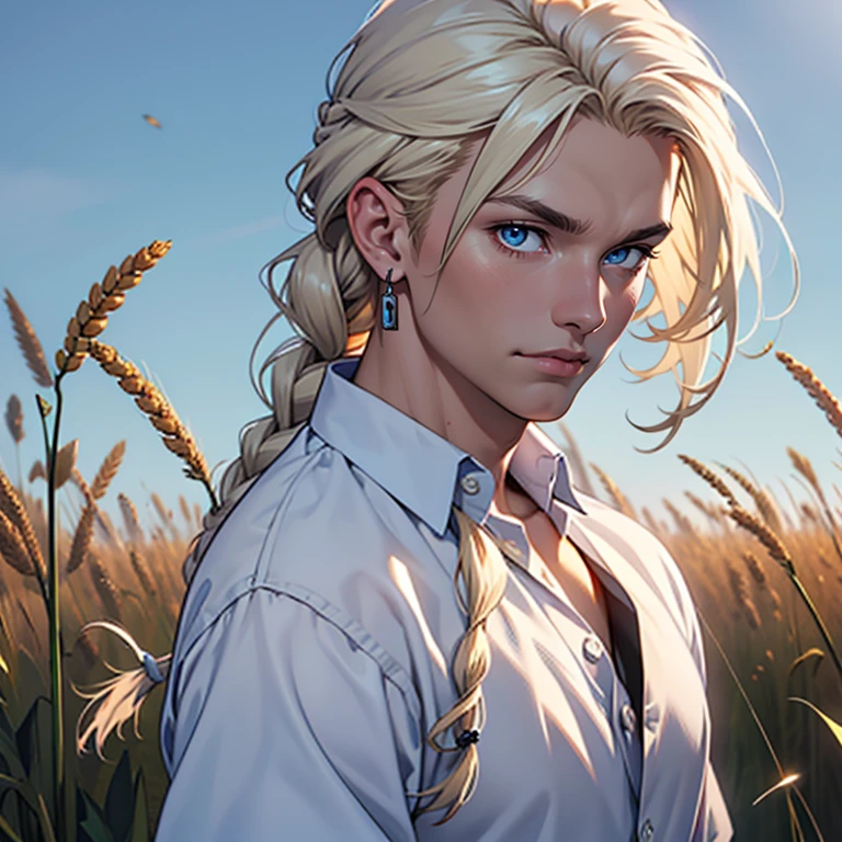 ((masterpiece)), (((best quality))), 1 male, pale white skin, very light white blonde hair, long hair, single thick braid, handsome man, tall man, masculine features, blue eyes, simple earrings, detailed background of a wheat field and castle, white button-down with black apron, detailed face, waist up point-of-view, highest quality, highly detailed, original, high resolution CG Unit 8k wallpaper, (best quality, artwork, masterpiece, 4k)