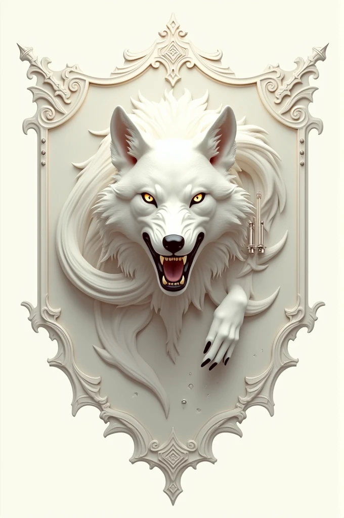 make a coat of arms of a wolf with traces of technology. offwhite.