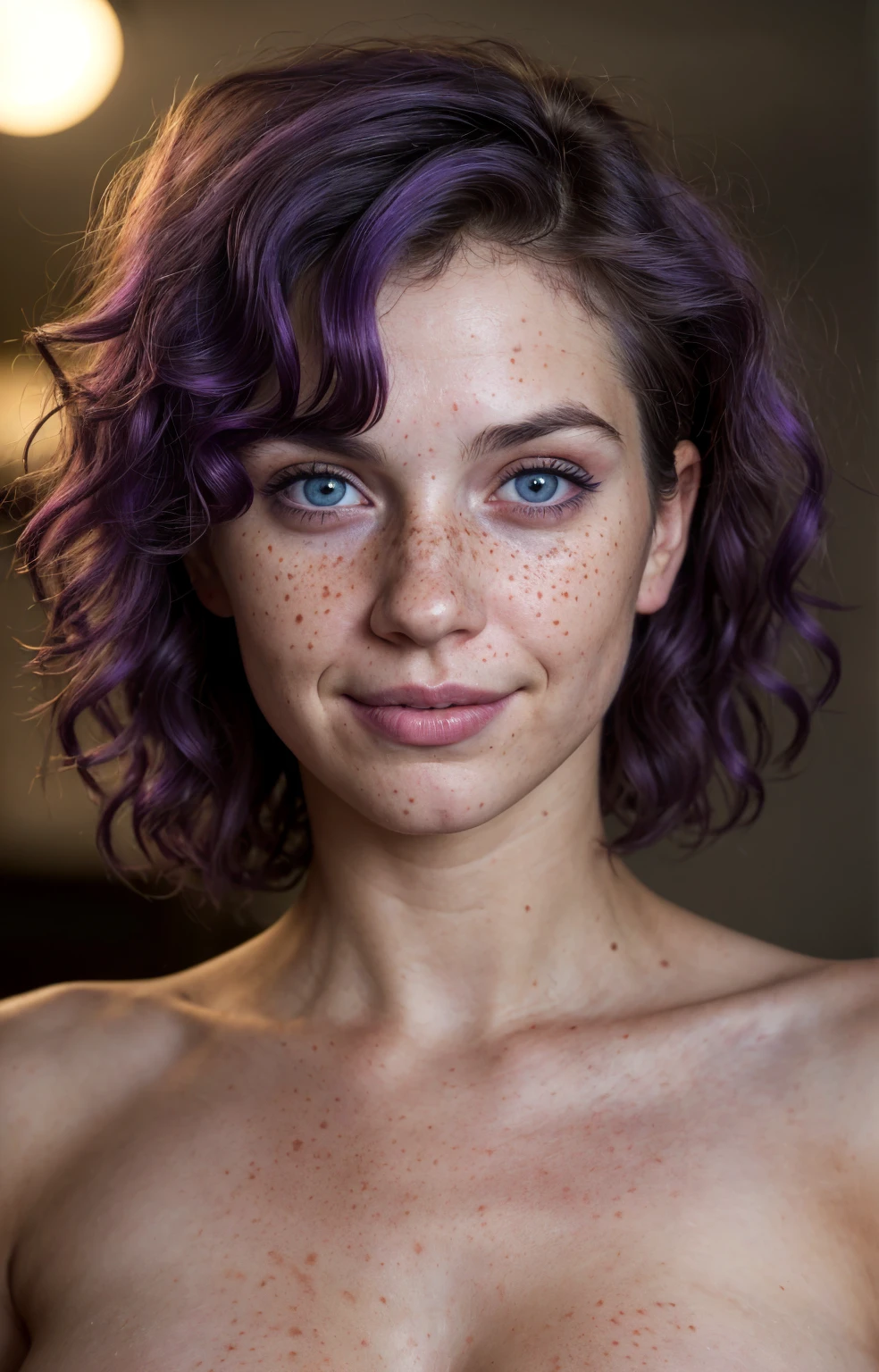 (Close-up, editorial photograph of a woman with 2), (highly detailed face:1.4) (smile:0.7) (background inside dark, moody, private study:1.3) POV, by lee jeffries, nikon d850, film stock photograph ,4 kodak portra 400 ,camera f1.6 lens ,rich colors, hyper realistic ,lifelike texture, dramatic lighting , cinestill 800, wavy hair, messy hair, short hair, curls, Silly smirk, Purple hair, Blue Eyes, freckles, White Skin, Sci Fi, Cyberpunk, Futurism, Astral Plane, American expressions, American woman, American skin, Athletic body, naked