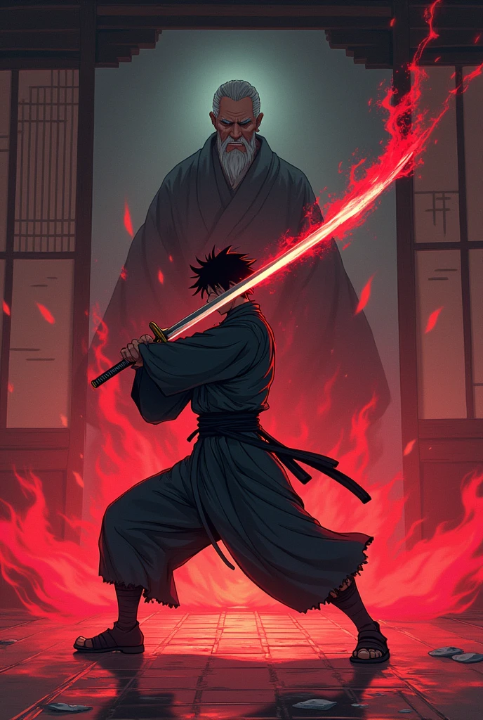 Anime with red aura katana fighting evil shadows in a japanese dojo. His old master standing in his back, looking at him proud of him.