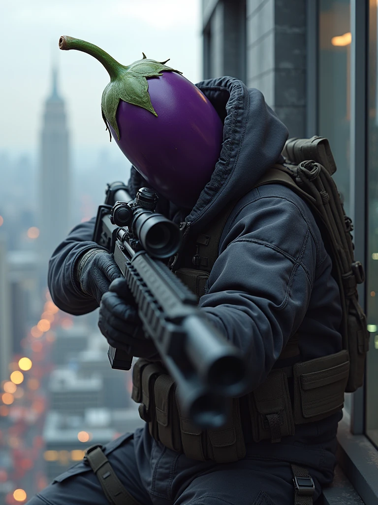 a “Eggplant military-assassin” holding a sniper rifle on the top of a tall building, highly detailed, photorealistic, 8k, hyperrealistic, dramatic lighting, cinematic composition, intricate details, impeccable rendering, masterpiece, award winning, concept art, cinematic quality